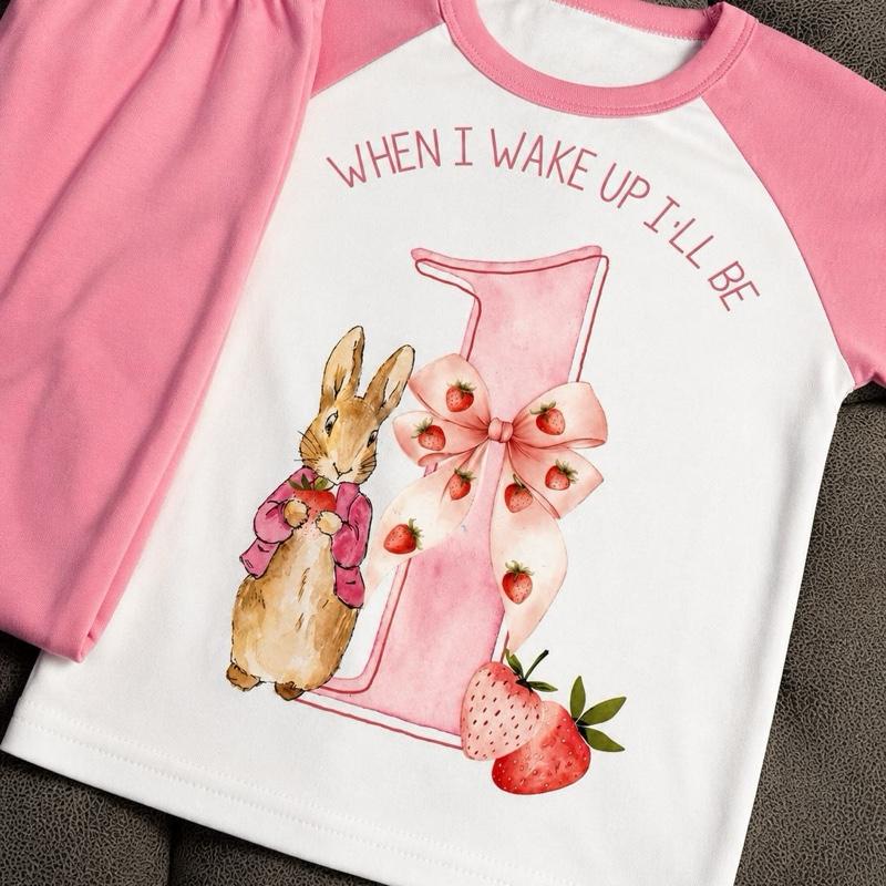 When I Wake Up I'll Be 1 Rabbit Pyjamas with Pink Sleeves and Trousers for Kids