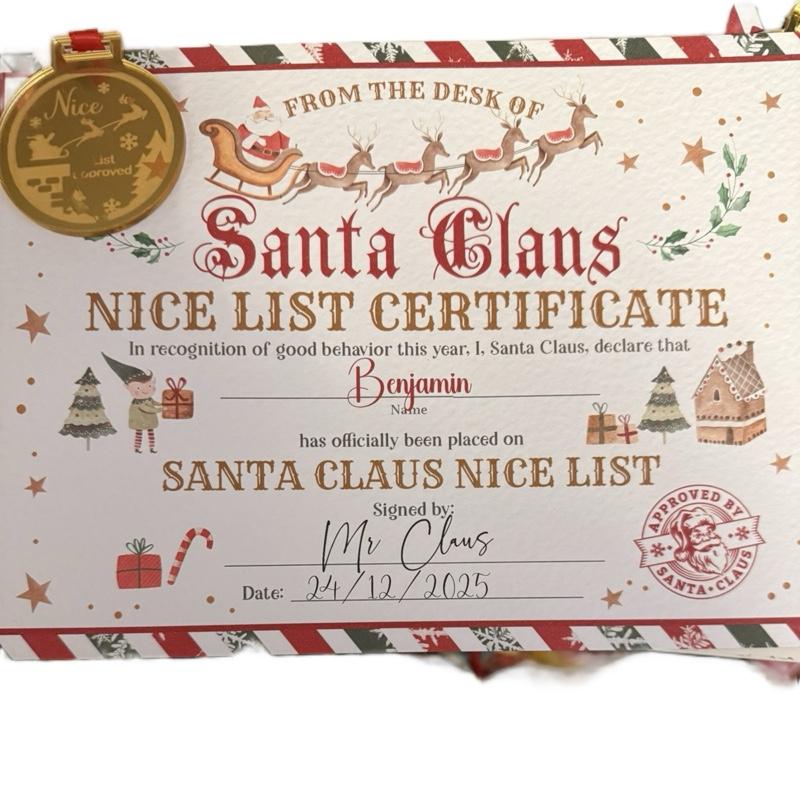 Santa Claus Nice List Certificate Personalised Printed on Thick Textured Quality Paper with Gold Medal Christmas Decoration