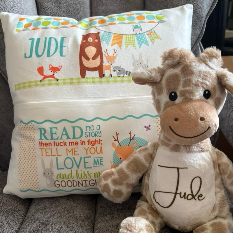 Cute personalised woodland animals pocket book cushion, personalised nursery cushion, cushion with soft toy, reading cushion, children’s cushion