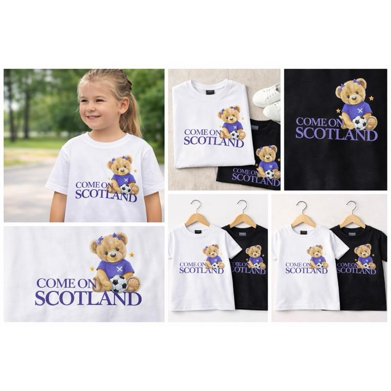 Children’s Come on Scotland supporting the football tops. Scotland’s 2026 football tops (with or without out hair bow in bears hair)