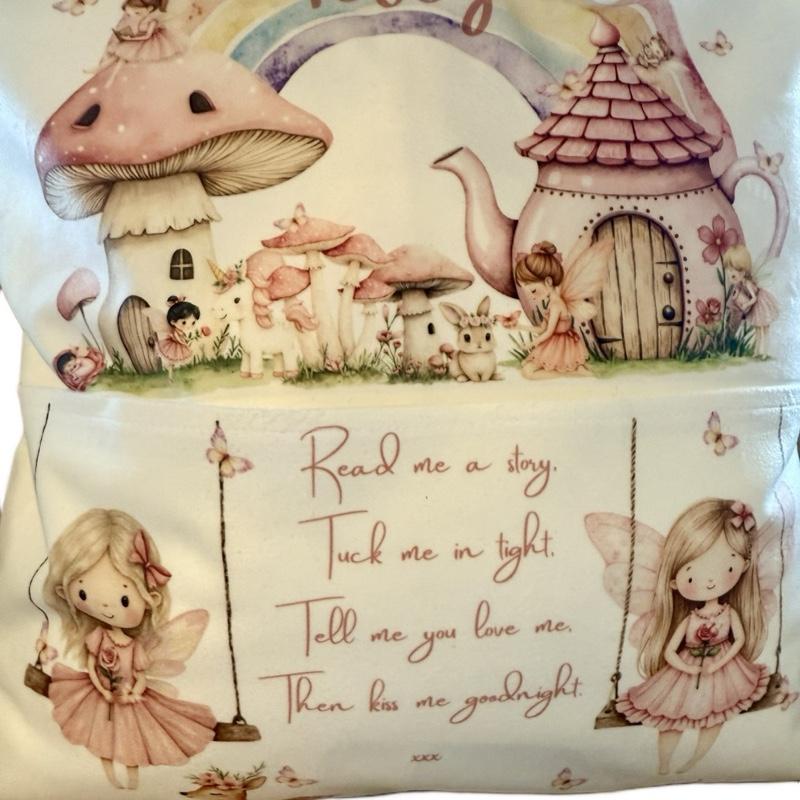 Personalised fairy pocket cushion, pillow. Would look beautiful in any little girls room. 40x40. Option to add on insert and plush