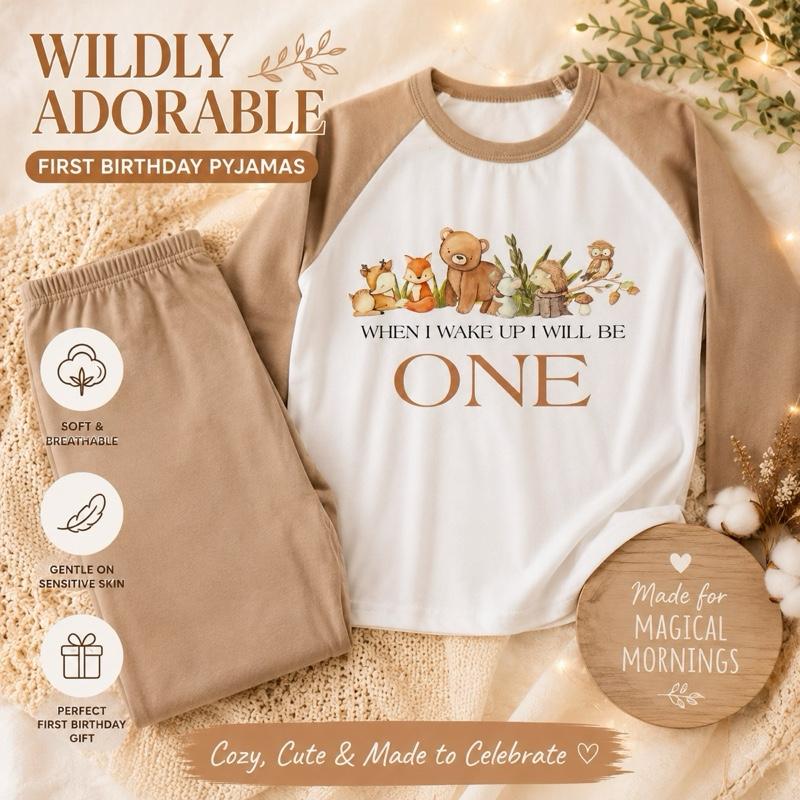 Woodland animals themed personalised when I wake up, birthday pyjamas, cute pyjamas, birthday with age on pyjamas. Message me or leave a note at checkout with name and age to add on