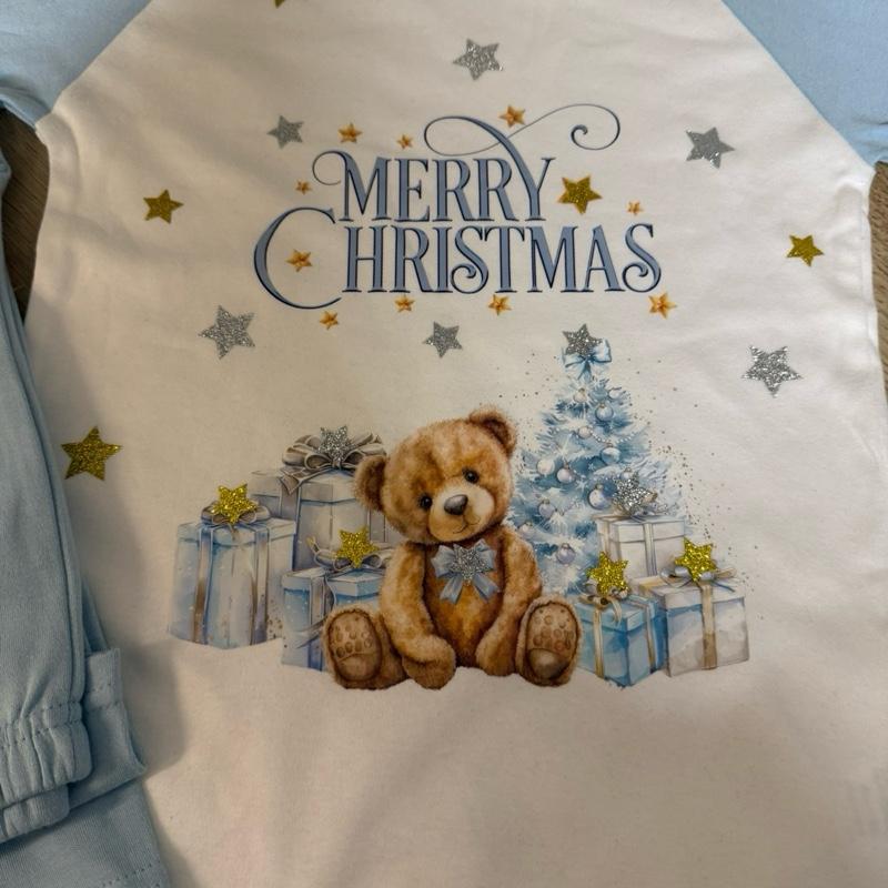 Blue and White Young Boys Christmas Pyjamas with Personalisation Option Featuring a Cute Teddy Bear Design kids