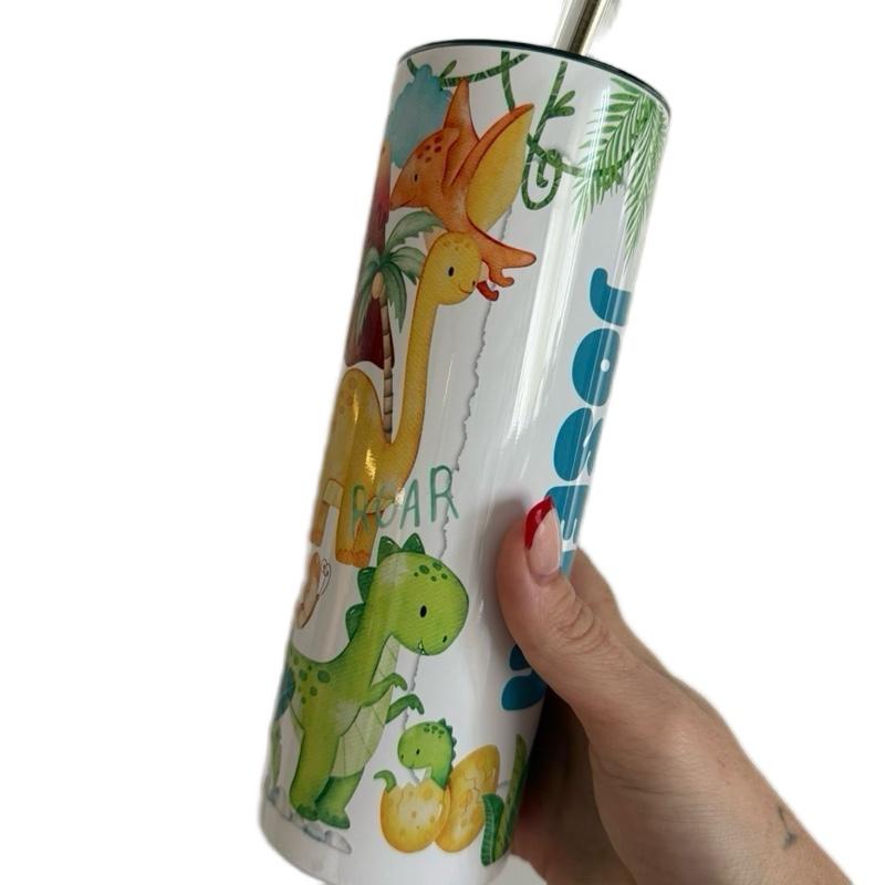 Personalised dinosaur themed 20oz tumbler with lid and straw