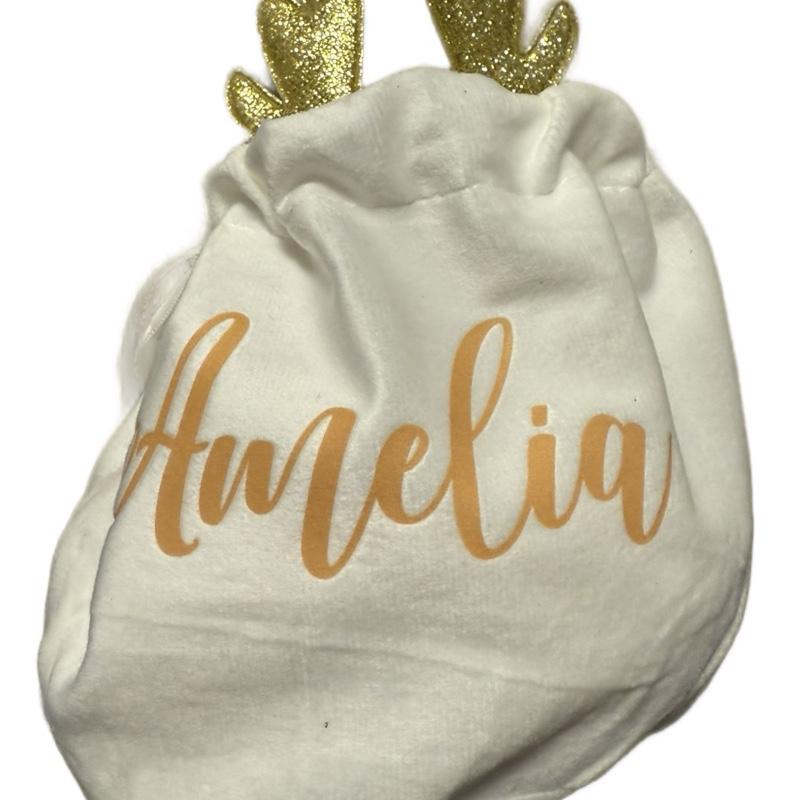 Christmas Velvet White Gift Bag with Reindeer Ears Personalised with Name