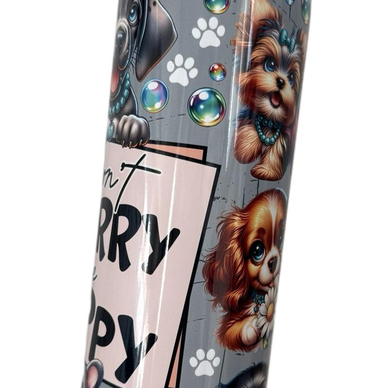 Don't Worry Be Happy Dog 20oz Tumbler for Hot and Cold Drinks with Lid and Straw British English Edition iced coffee