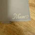Personalised engraved jewellery box in grey with cream inside lining. Mum can be changed for different spelling or name