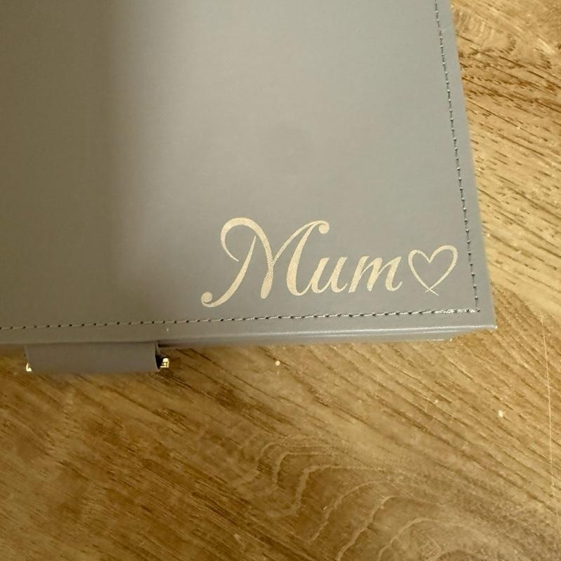 Personalised engraved jewellery box in grey with cream inside lining. Mum can be changed for different spelling or name