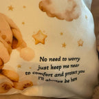 Beige designed personalised worry bear pocket cushion, pillow, with the option to add an insert and a teddy bear which will also be personalised