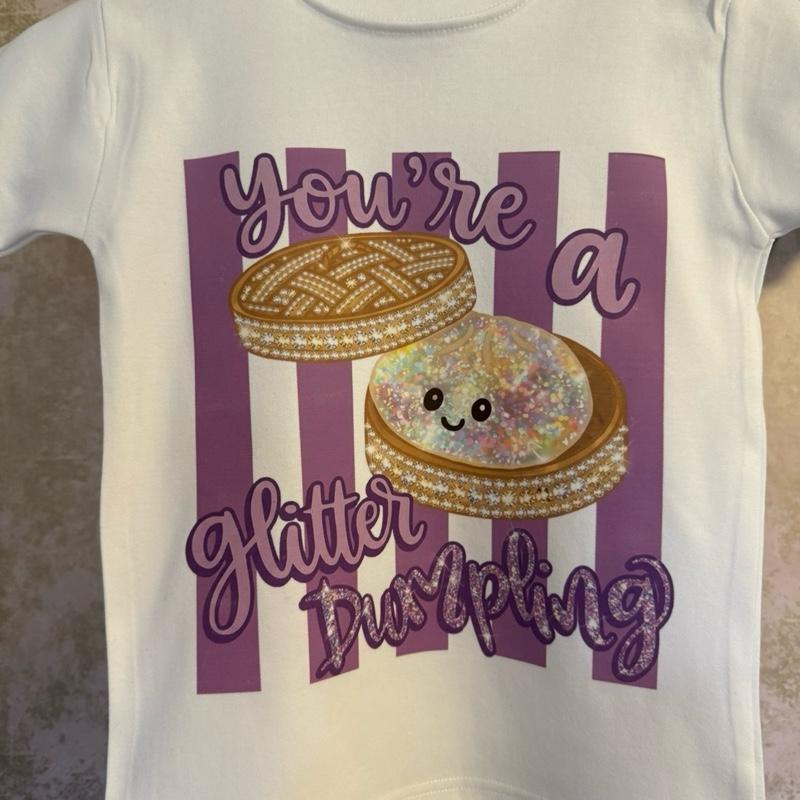 Glitter Dumpling T-Shirt for Children in Various Sizes 100% Cotton Fun Festive Design Perfect for Kids British Style