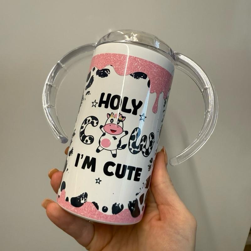 12oz insulated double walled sippy cup/tumbler for hot and cold drinks. With handles, 2 lids one sippy lid and one lid to use with straw that’s also included