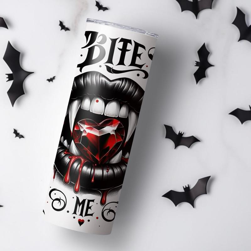20oz tumbler vampire bite me themed with lid and straw for hot and cold drinks