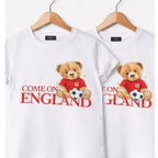 Come on England children’s football t-shirt with cute teddy bear. Football t-shirt to support the 2026 World Cup