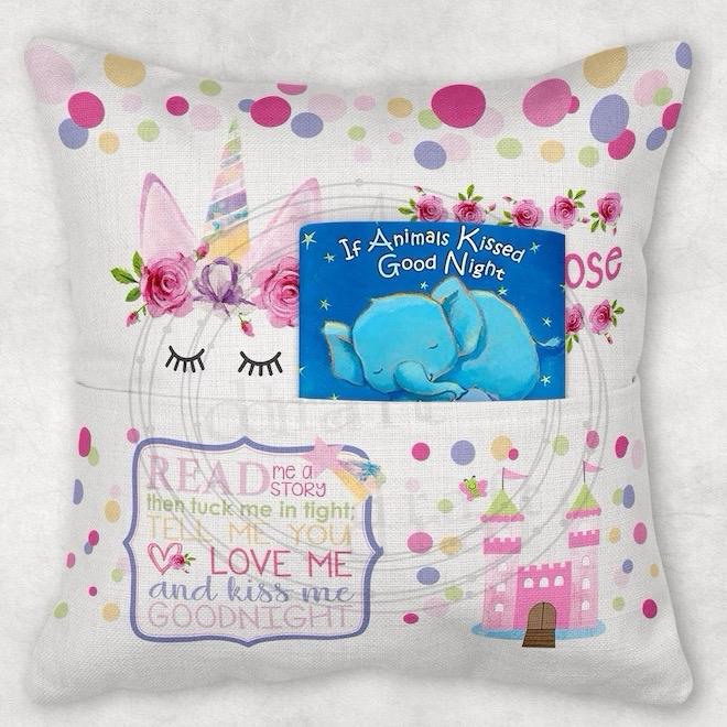 Cute personalised unicorn pocket book cushion, nursery cushion, book cushion, reading cushion, leave name on notes at checkoutt or send a message with name