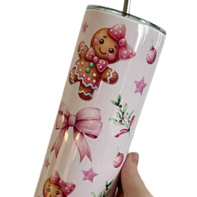 Pink gingerbread double walled insulated tumbler 20oz with flat lid and straw and sippy cup 12oz  Drinkware Bottles Flasks Insulation Mug Bottled Portable