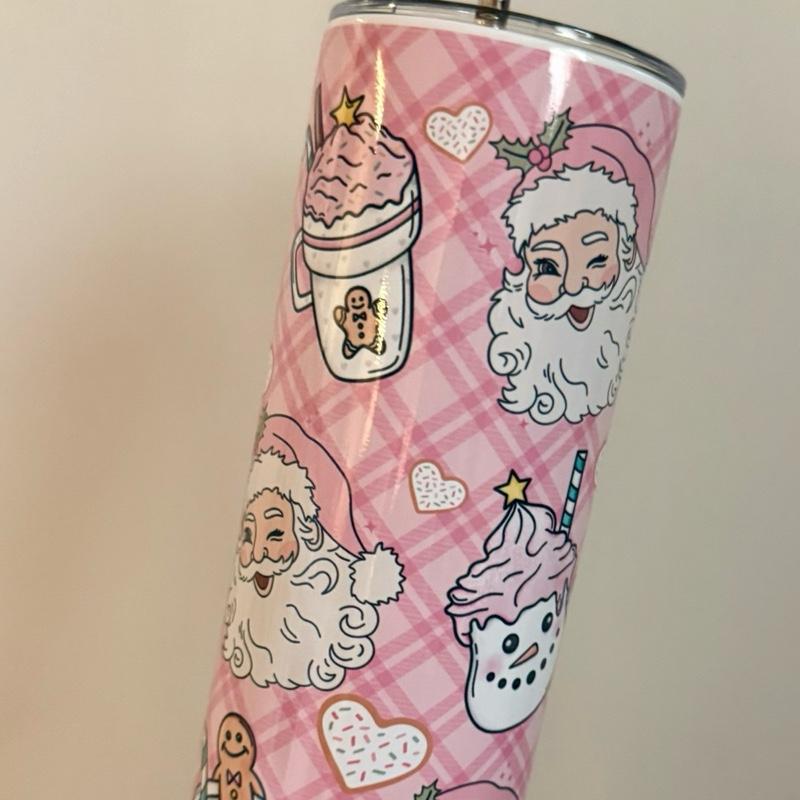Pink Santa Themed 20oz Tumbler with Flat Lid and Straw - Festive Design for Christmas Drinks Drinkware Flasks Insulated Portable Water Bottles Mug Bottled