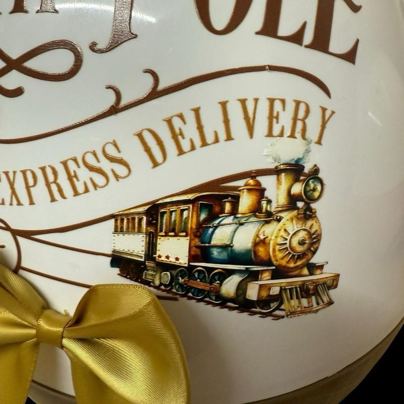 Personalised Gold North Pole 16inch Christmas Fillable Egg with Express Delivery Train Design and Gold Bow