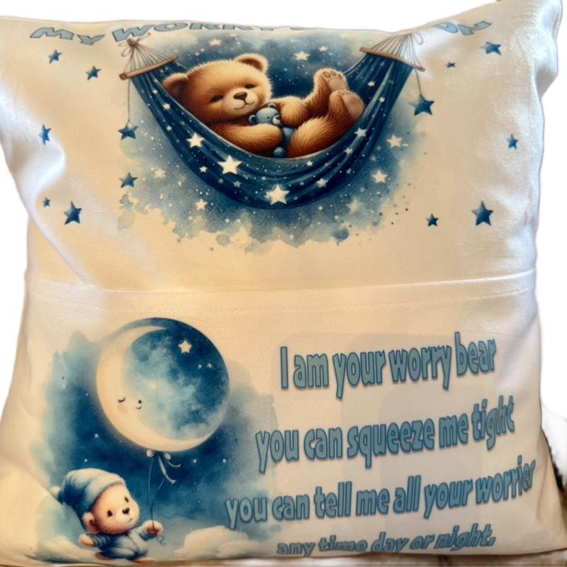 Personalised blue worry bear pocket cushion, pillow. Option to add on insert and teddy