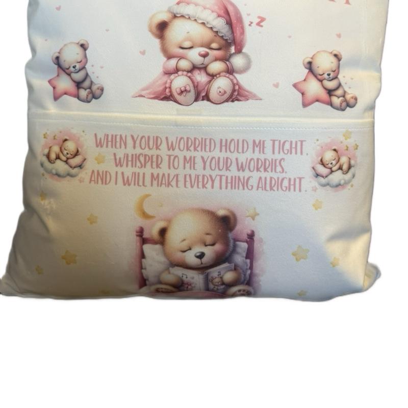 Personalised Worry bear pocket cushion with the choice to add on the bear. Anxiety bear, support bear cushion. Personalised cushion