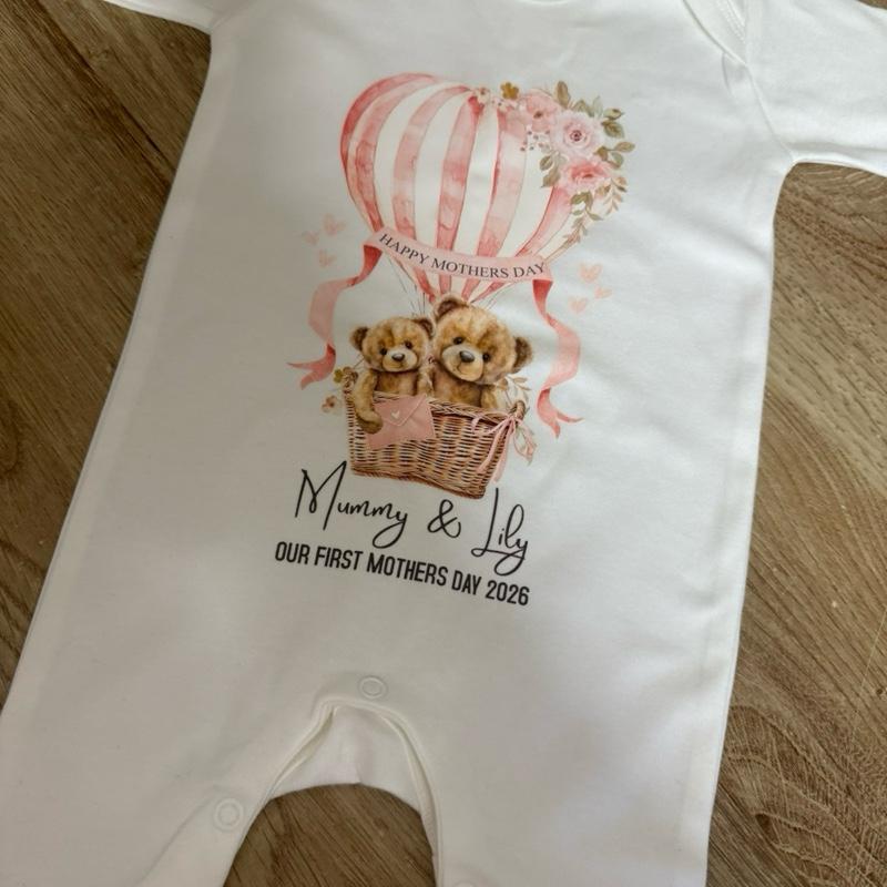 First Mother's Day Personalised Baby Grow Baby Romper with Teddy Bears Design Can Be Customised with Any Names