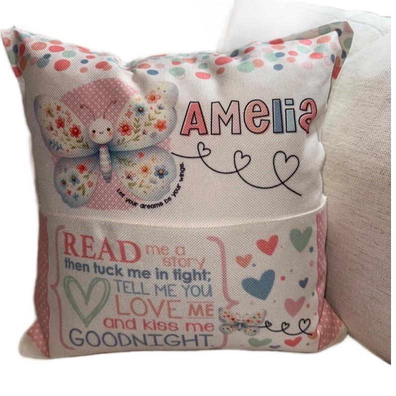 Cute personalised butterfly pocket book cushion. Children’s reading cushion. Cute nursery cushion