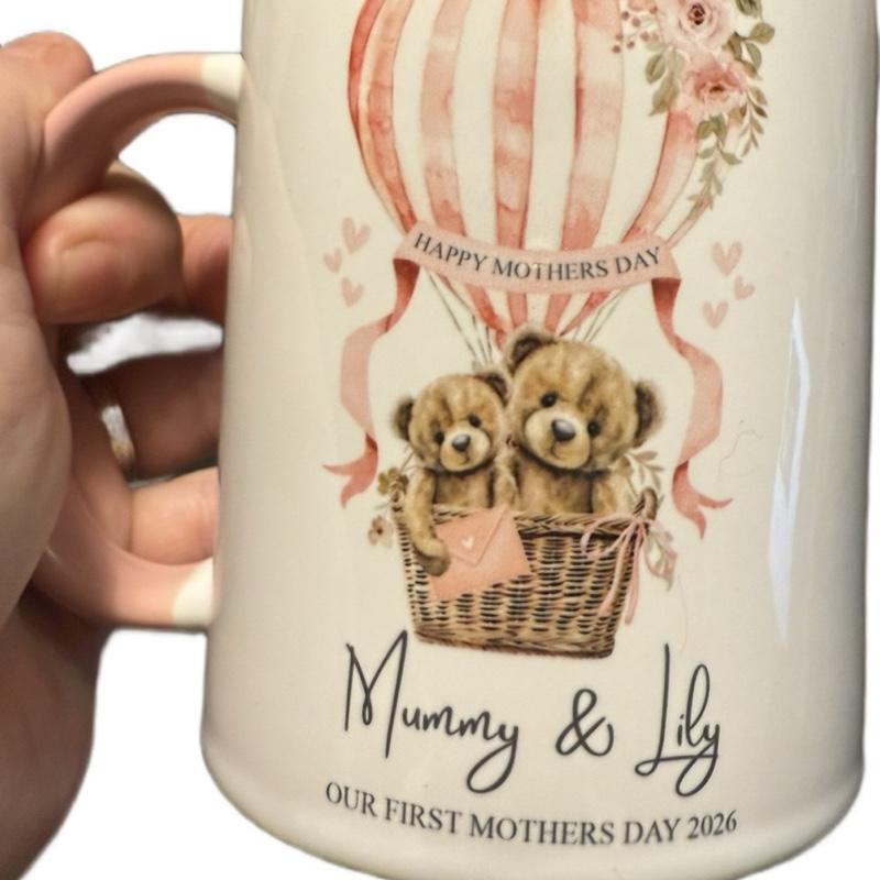 1st Mother’s Day 11oz personalised mug with cute teddies and hot air balloon