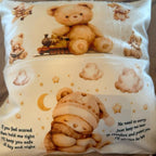 Beige designed personalised worry bear pocket cushion, pillow, with the option to add an insert and a teddy bear which will also be personalised