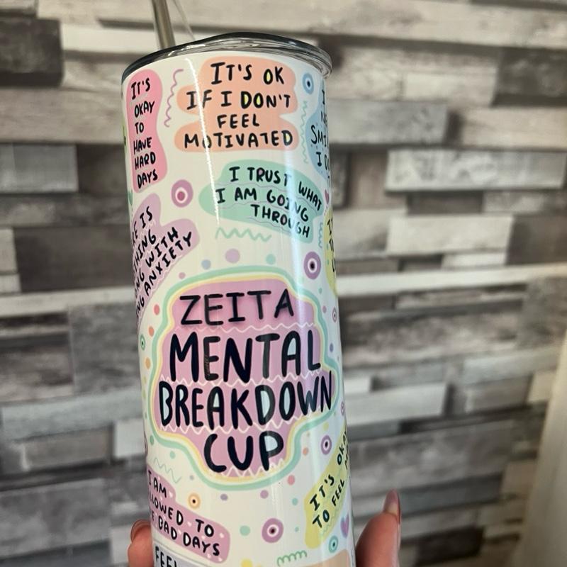 Mental breakdown 20oz double walled insulated tumbler for hot and cold drinks with lid and straw