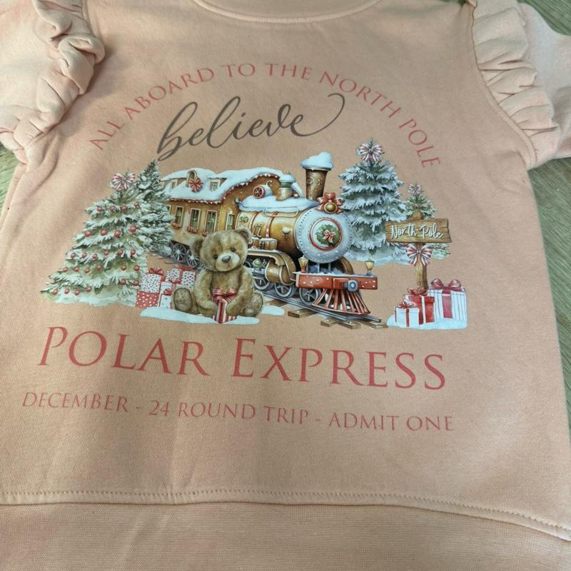 Young girls sweatshirt with frilly arms in a dusty pink with polar express themed