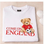 Come on England children’s football t-shirt with cute teddy bear. Football t-shirt to support the 2026 World Cup