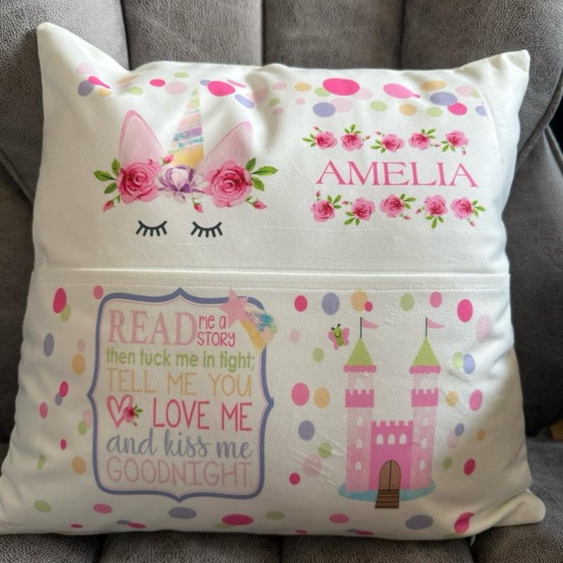 Cute personalised unicorn pocket book cushion, nursery cushion, book cushion, reading cushion, leave name on notes at checkoutt or send a message with name