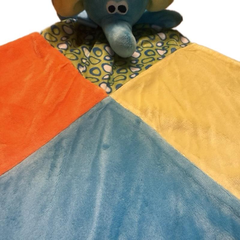 Personalised baby comfort blanket with rattle elephant. Bright colours to catch babies attention. New baby gift, new baby rattle, baby keep sake gift, baby personalised gift, baby shower gift, baby blanket, soft elephant toy