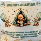 Personalised green worry bear pocket cushion, pillow. Option to include insert and teddy bear