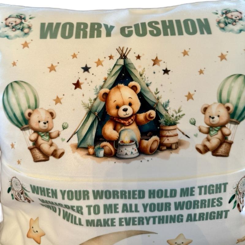 Personalised green worry bear pocket cushion, pillow. Option to include insert and teddy bear