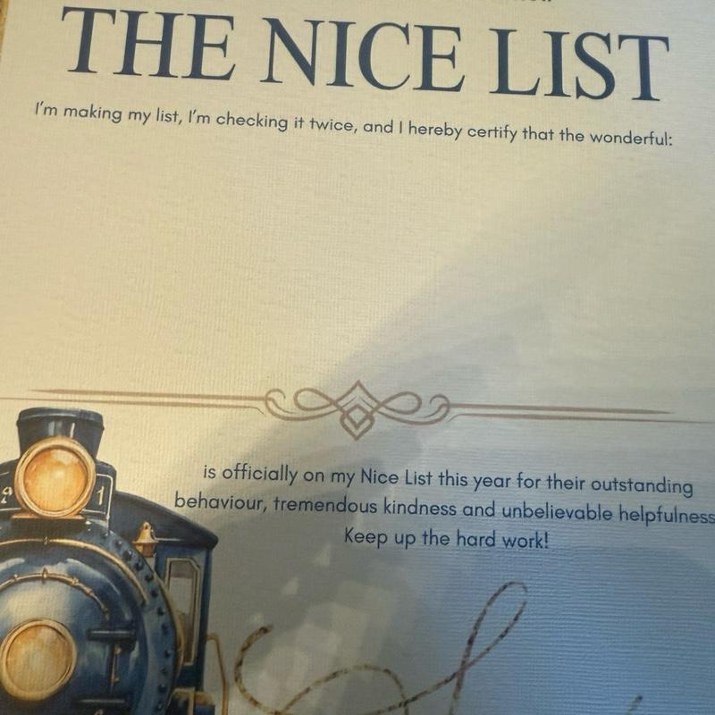 Blue polar express train nice list certificate