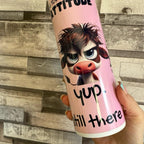 I Was Told To Check My Attitude - Pink 20oz Tumbler with Cartoon Cow Design - Perfect for Daily Use, with lid and straw for hot and cold drinks