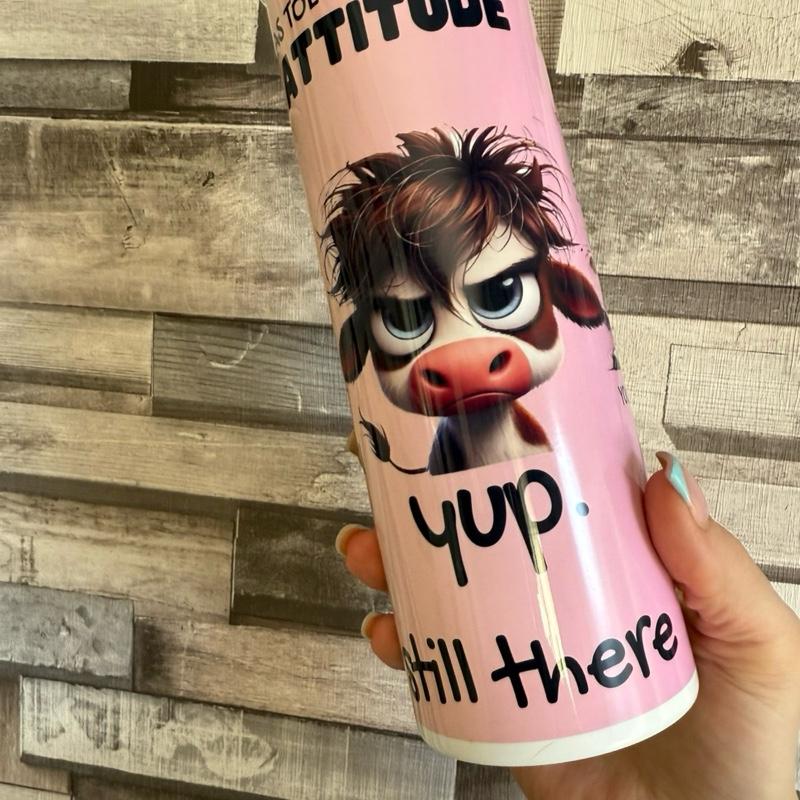 I Was Told To Check My Attitude - Pink 20oz Tumbler with Cartoon Cow Design - Perfect for Daily Use, with lid and straw for hot and cold drinks