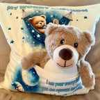 Personalised blue worry bear pocket cushion, pillow. Option to add on insert and teddy