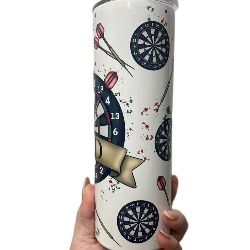 Darts Themed 20oz Tumbler for Hot and Cold Drinks with Lid and Straw Dad Gift Idea can have any name