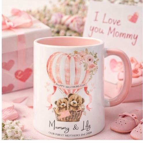 1st Mother’s Day 11oz personalised mug with cute teddies and hot air balloon