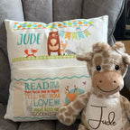 Cute personalised woodland animals pocket book cushion, personalised nursery cushion, cushion with soft toy, reading cushion, children’s cushion
