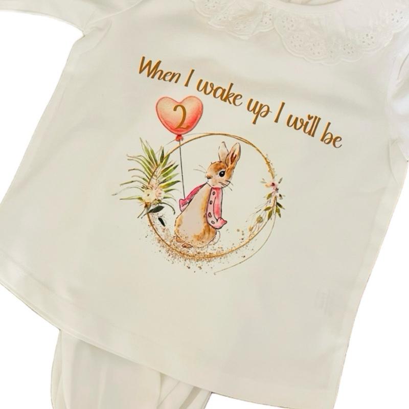 When I wake up. Cute rabbit frilly pyjamas. Personalised with name and age.