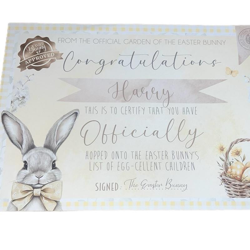 Pink, blue or yellow certificate personalised from the Easter bunny