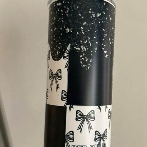 Black and white glitter effect 20oz tumbler for hot and cold drinks with lid and straw