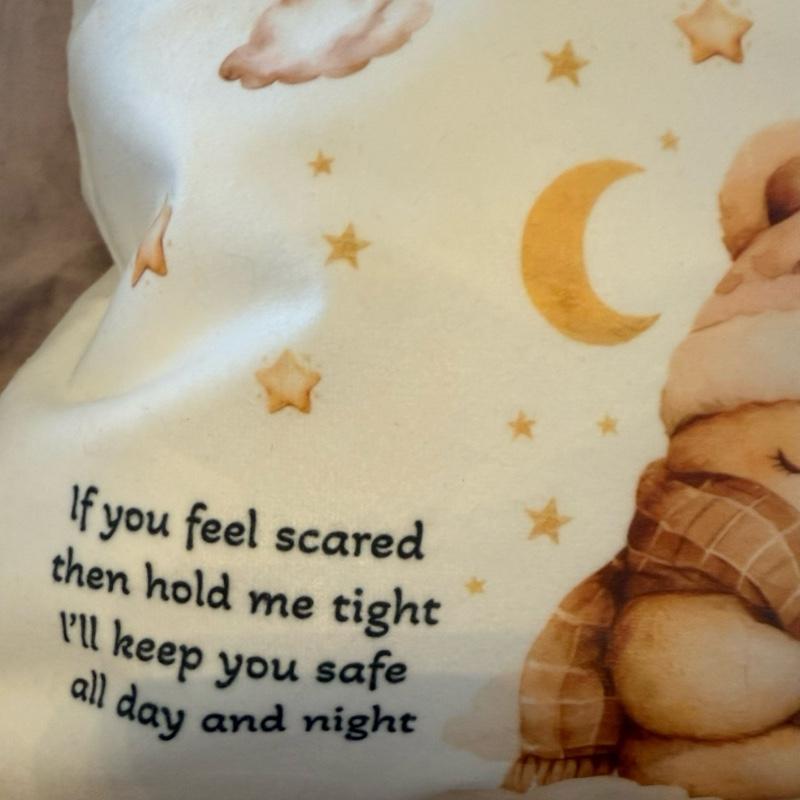Beige designed personalised worry bear pocket cushion, pillow, with the option to add an insert and a teddy bear which will also be personalised