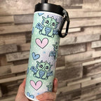 Personalised Cute 20oz dragon tumbler with two different lids available, a flip up lid and a lid and straw  for hot and cold drinks