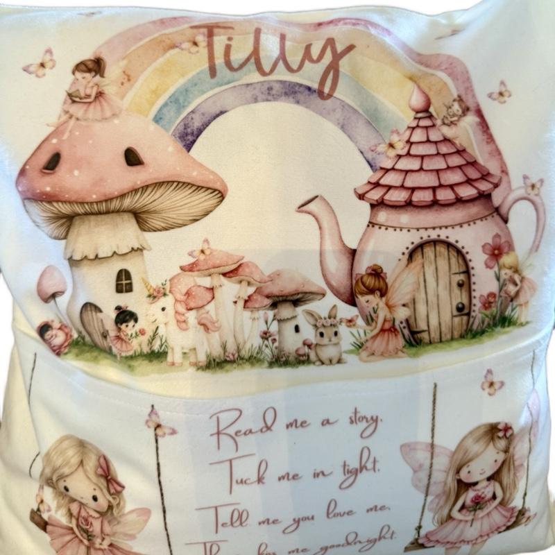 Personalised fairy pocket cushion, pillow. Would look beautiful in any little girls room. 40x40. Option to add on insert and plush