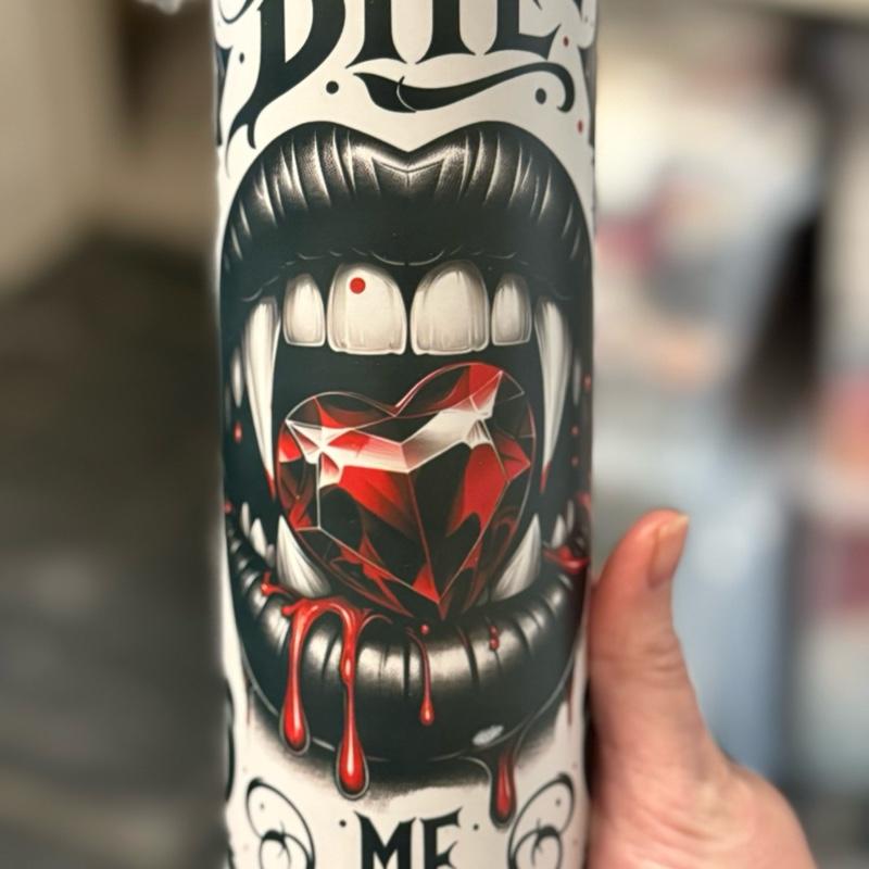 20oz tumbler vampire bite me themed with lid and straw for hot and cold drinks