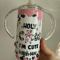 12oz insulated double walled sippy cup/tumbler for hot and cold drinks. With handles, 2 lids one sippy lid and one lid to use with straw that’s also included