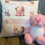 Personalised Worry bear pocket cushion with the choice to add on the bear. Anxiety bear, support bear cushion. Personalised cushion